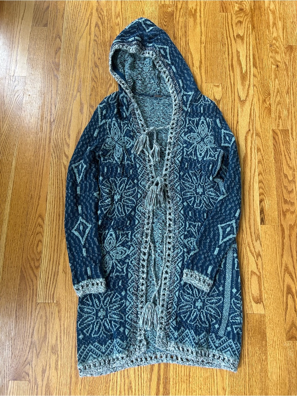 Free People Navy and Cream Hooded Knit Cardigan